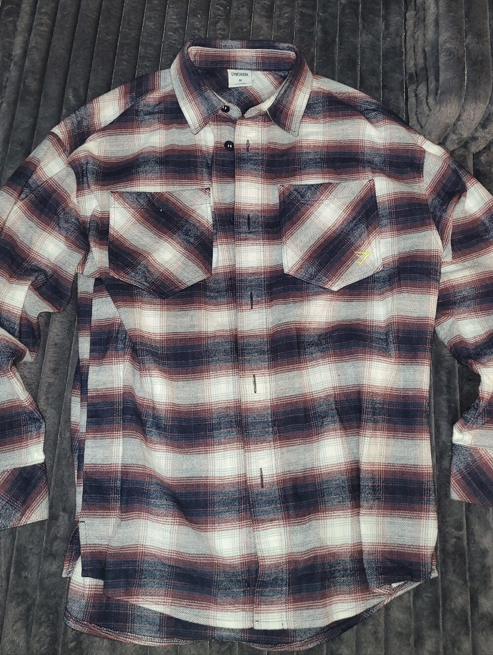 New..Oversized Gymshark Plaid Button-Down Shirt in Navy, Burgundy & White